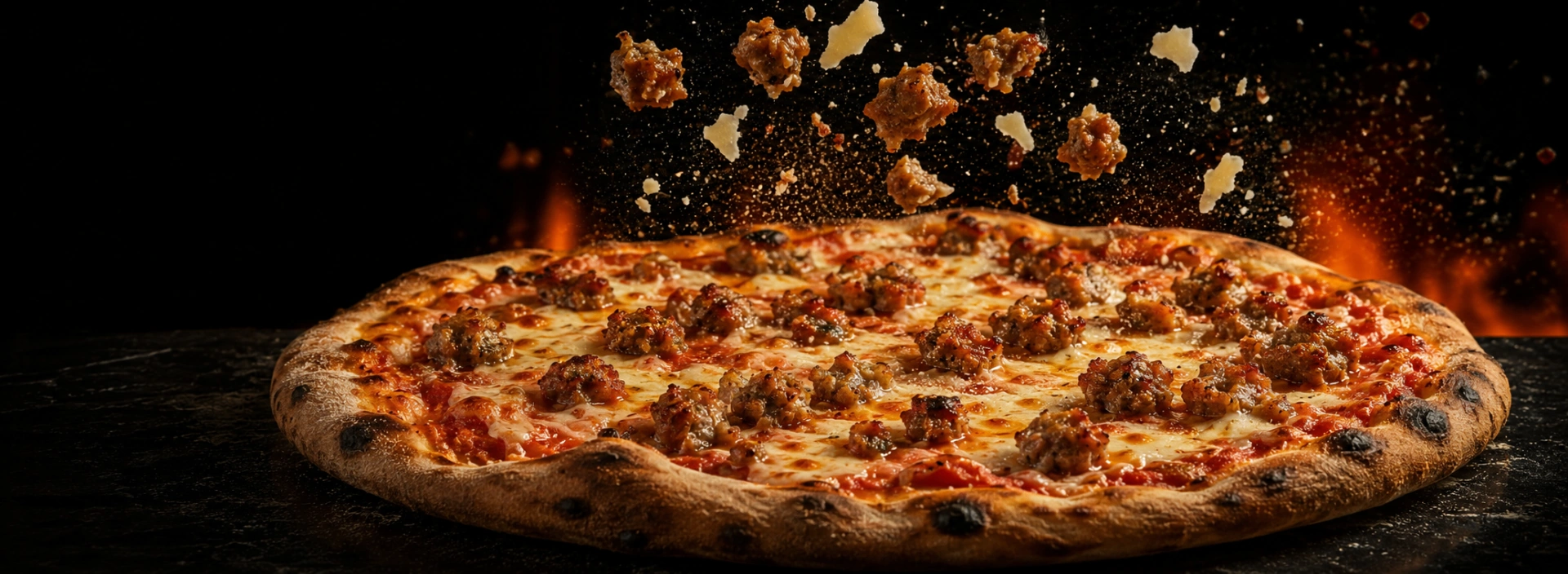 Wood-fired sausage pizza with crumbled sausage and shaved cheese in mid-air