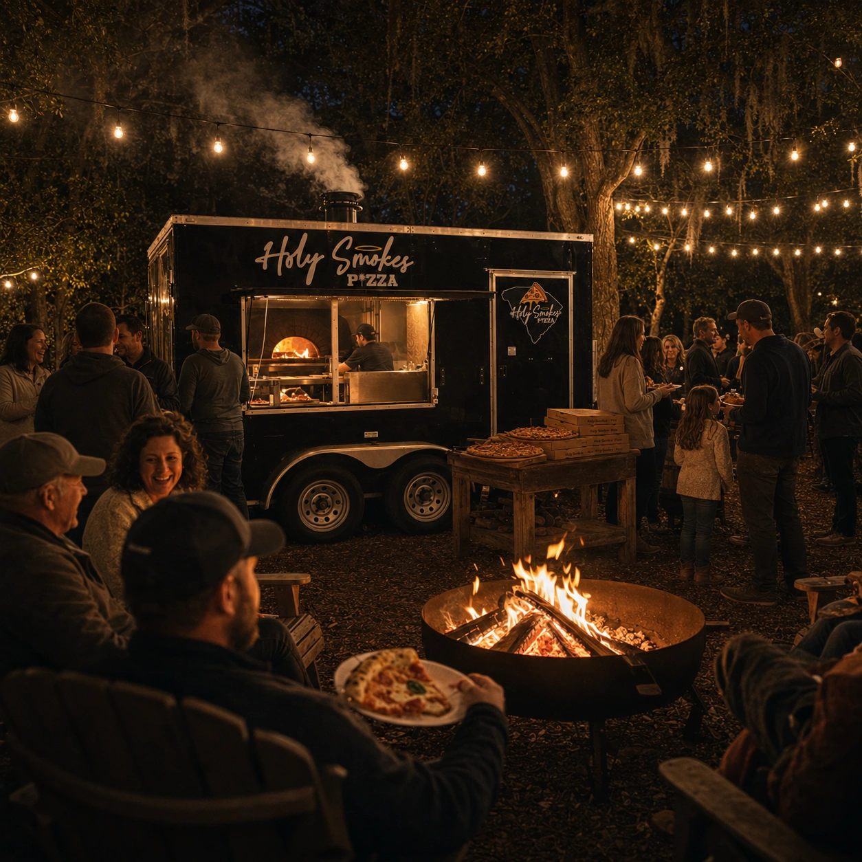 The Holy Smokes Pizza trailer serving guests around a fire pit under string lights at night